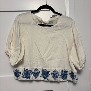 House Of Harlow Ivory and Blue Linen Blend Embroidered Floral Cropped Top - L